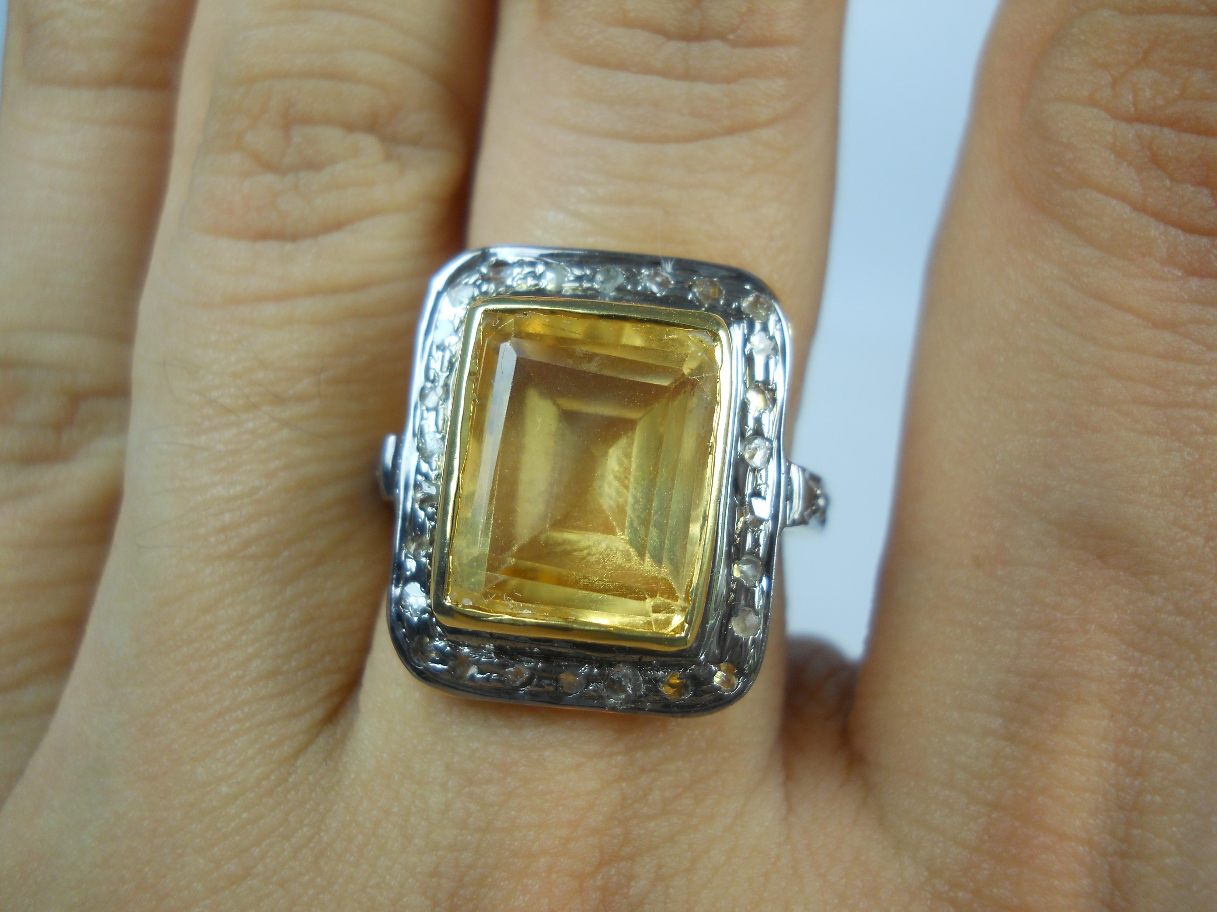 Classic Natürlicher Diamant mit Rosenschliff Citrin 925er Silber Ring mit zweifachem Ton für Damen oder Herren im Angebot
