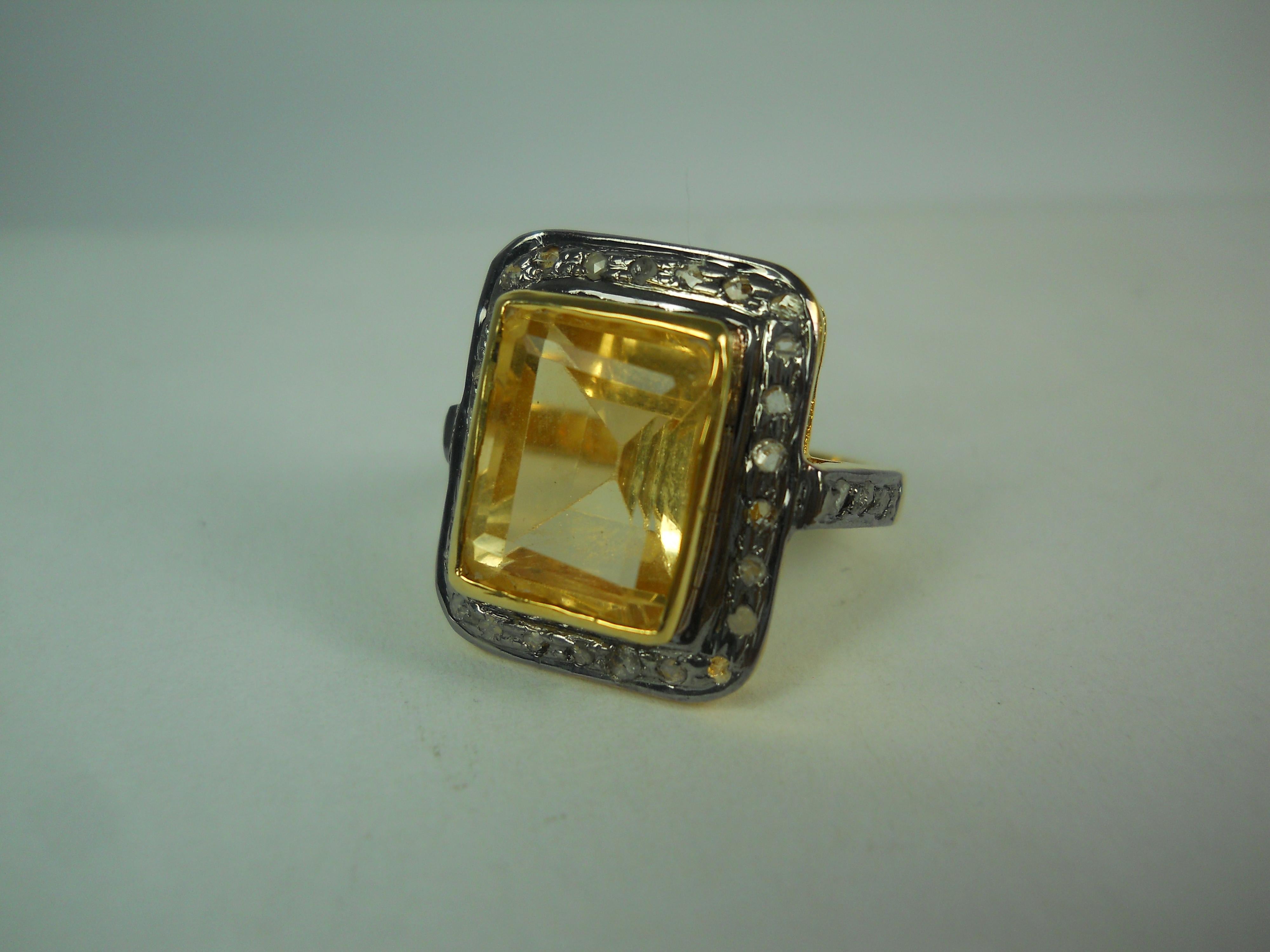 Classic Natürlicher Diamant mit Rosenschliff Citrin 925er Silber Ring mit zweifachem Ton im Angebot 1