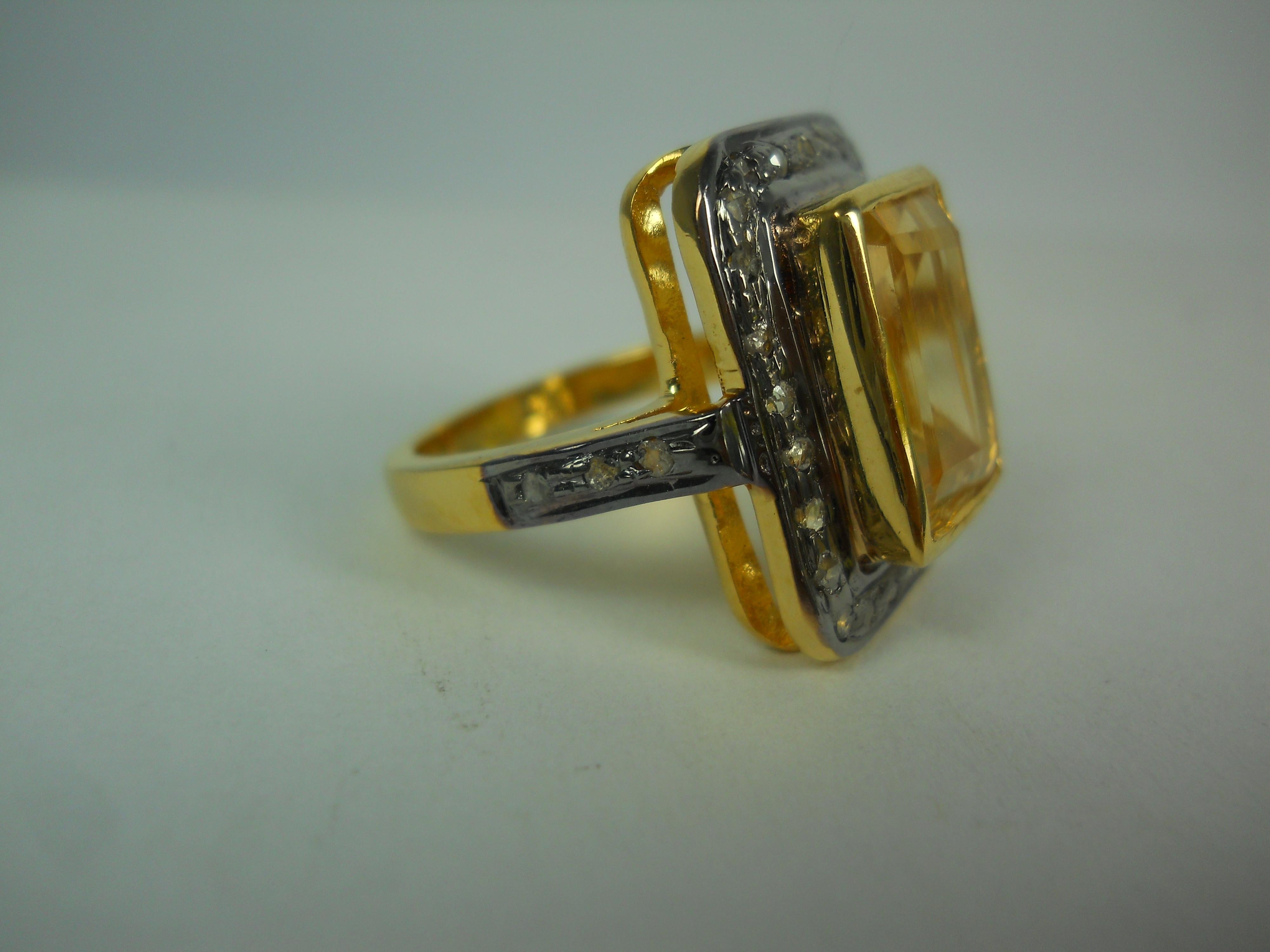 Classic Natürlicher Diamant mit Rosenschliff Citrin 925er Silber Ring mit zweifachem Ton im Angebot 2
