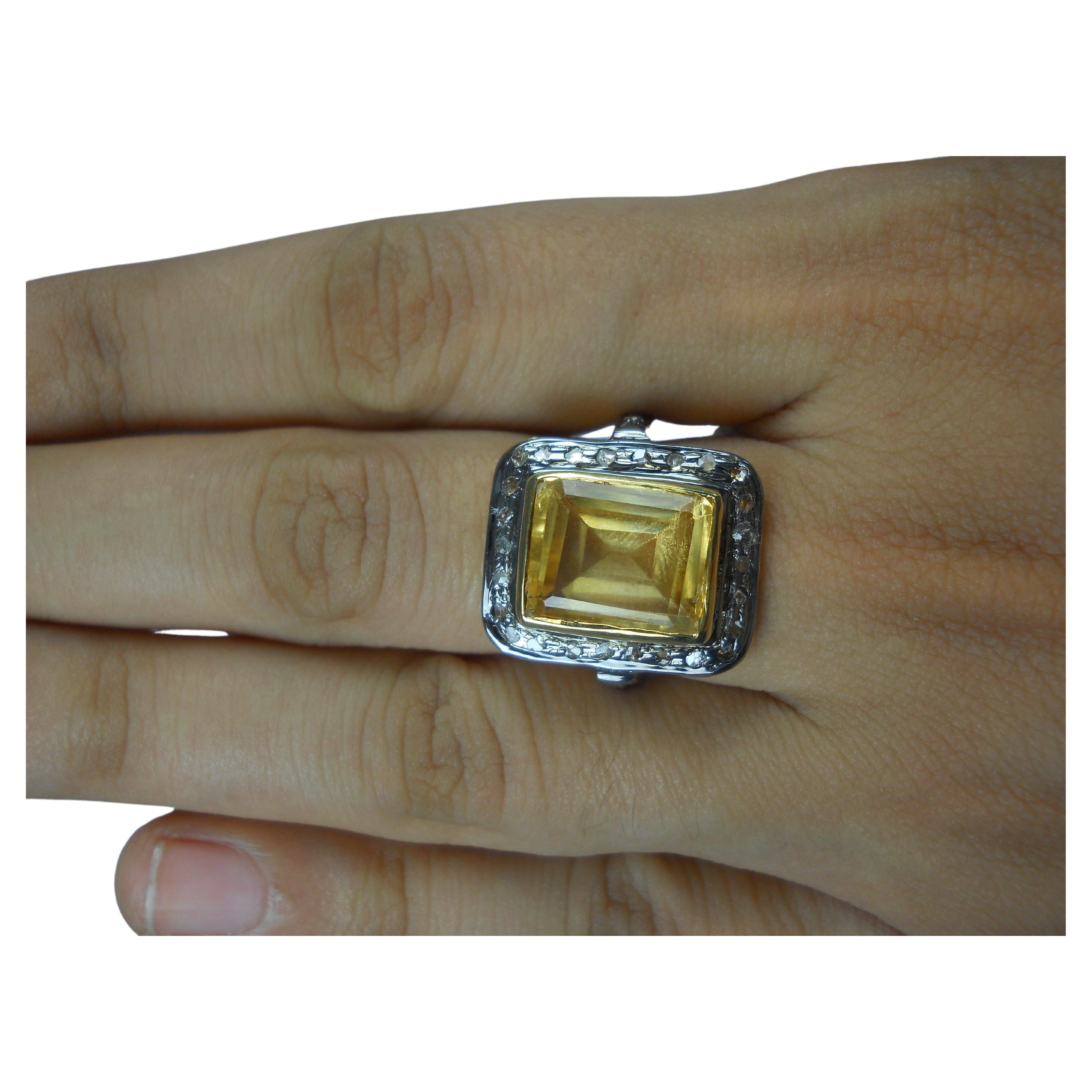 Classic Natural rose cut diamond Citrine 925 silver double tone ring