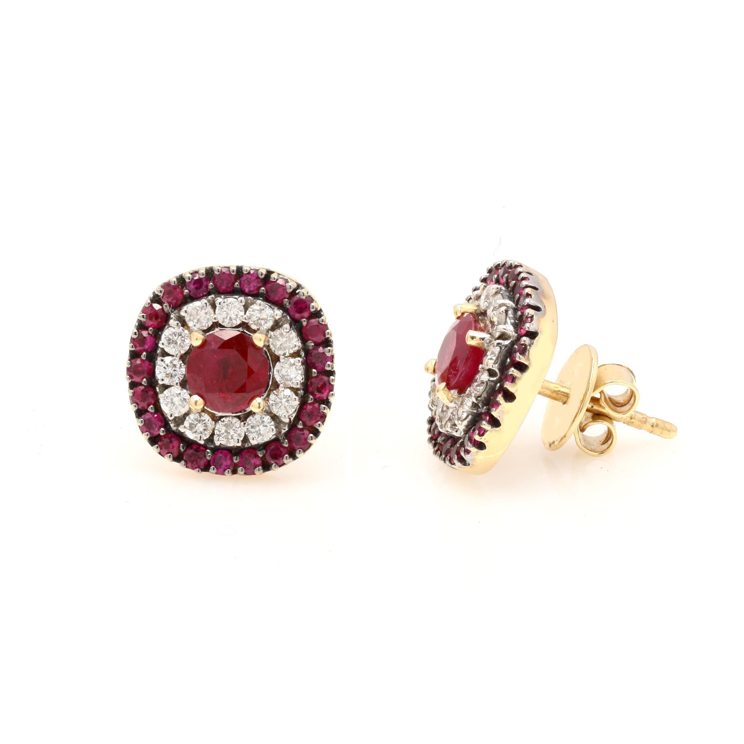 Round Cut Ruby and Diamond Wedding Earrings in 18K Gold. Embrace your look with these stunning pair of earrings suitable for any occasion to complete your outfit.
Earrings create a subtle beauty while showcasing the colors of the natural precious