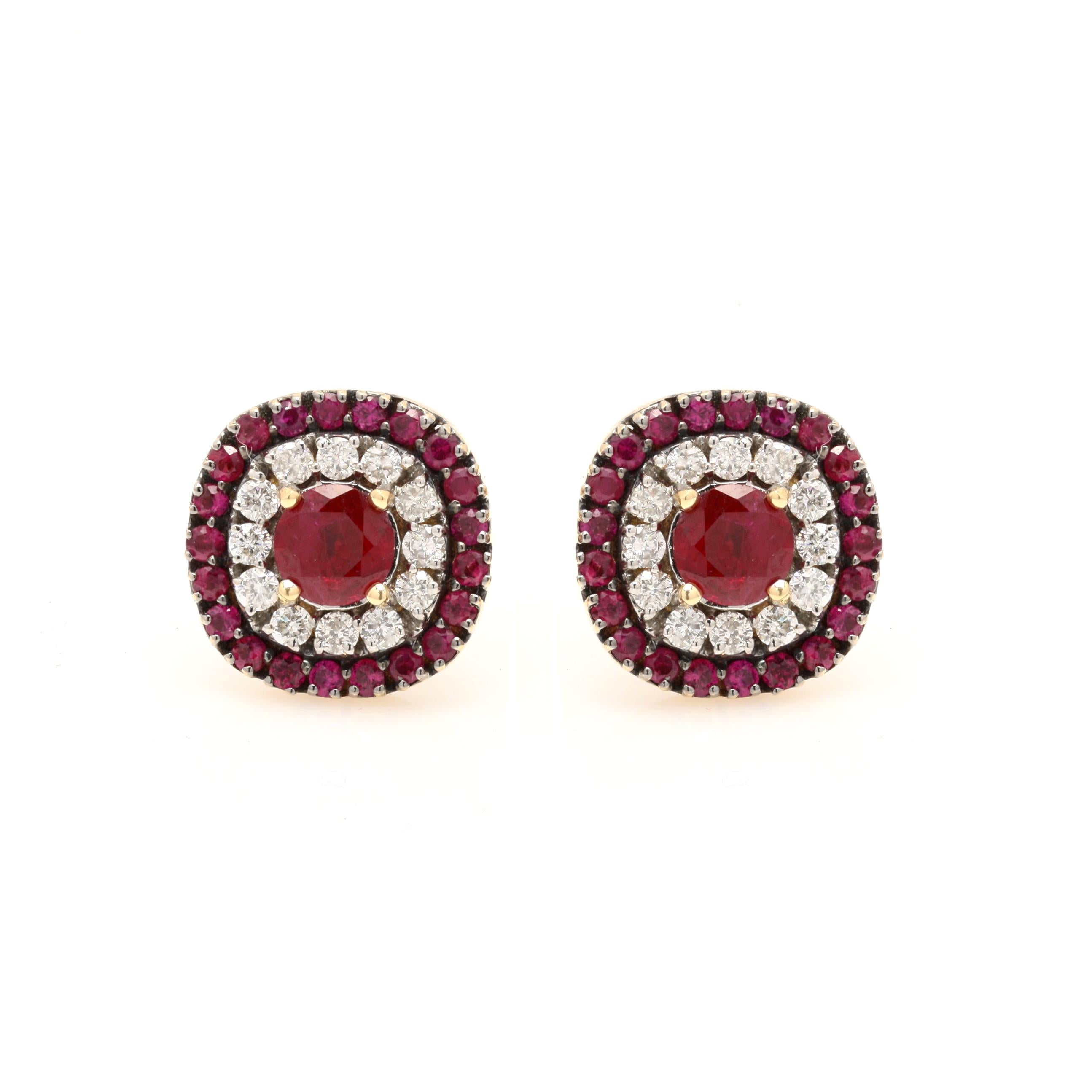 Art Deco Classic Natural Ruby Halo Diamond Wedding Stud Earrings in Solid 18K Yellow Gold For Sale