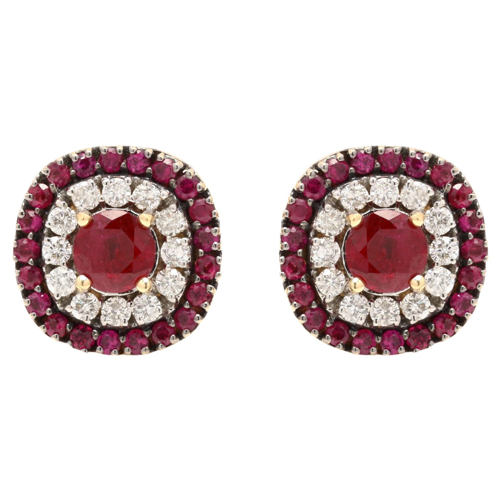 Classic Natural Ruby Halo Diamond Wedding Stud Earrings in Solid 18K Yellow Gold