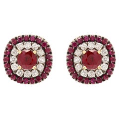 Classic Natural Ruby Halo Diamond Wedding Stud Earrings in Solid 18K Yellow Gold