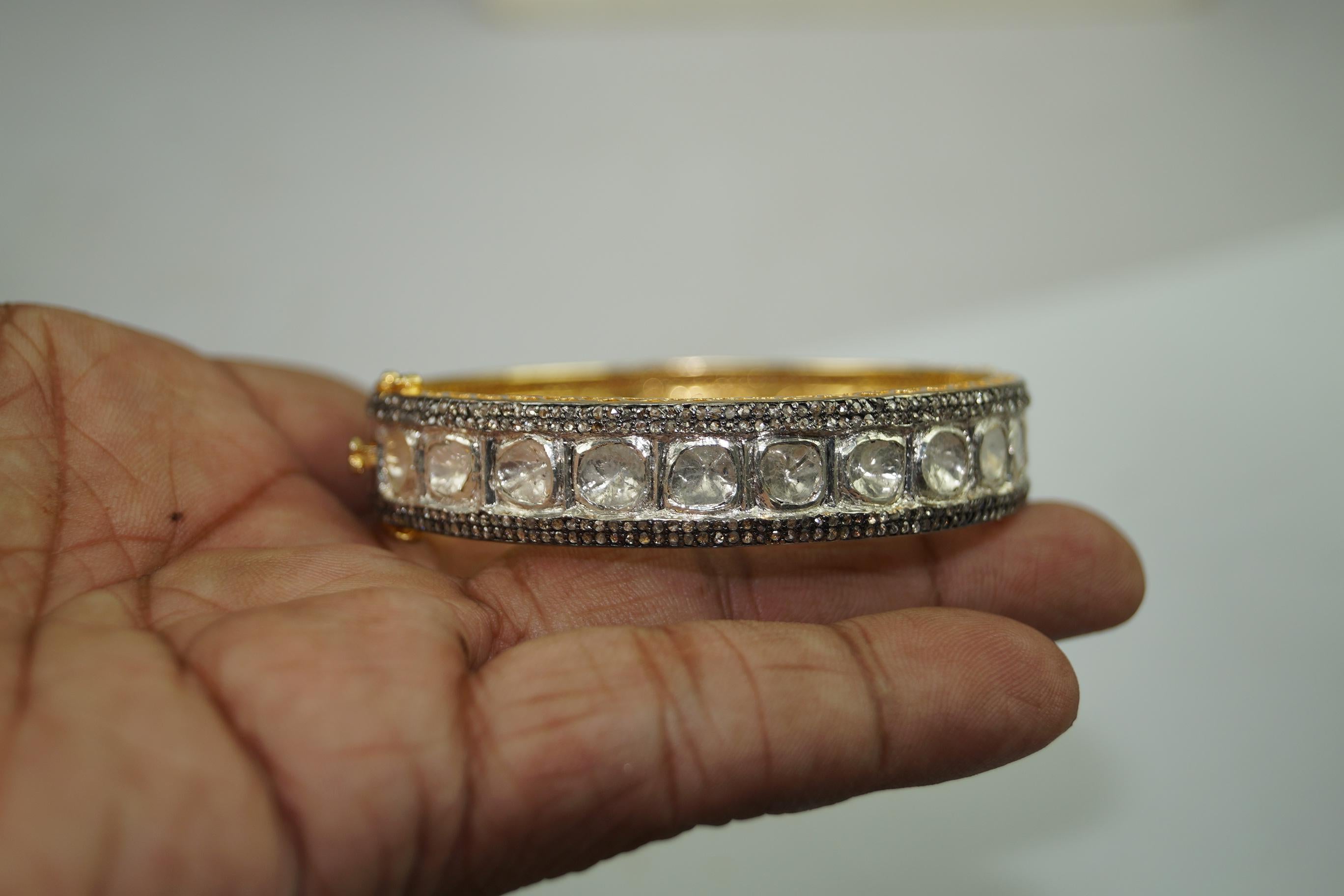 Women's or Men's Classic Natural uncut rose cut Diamond sterling silver hinged bracelet 