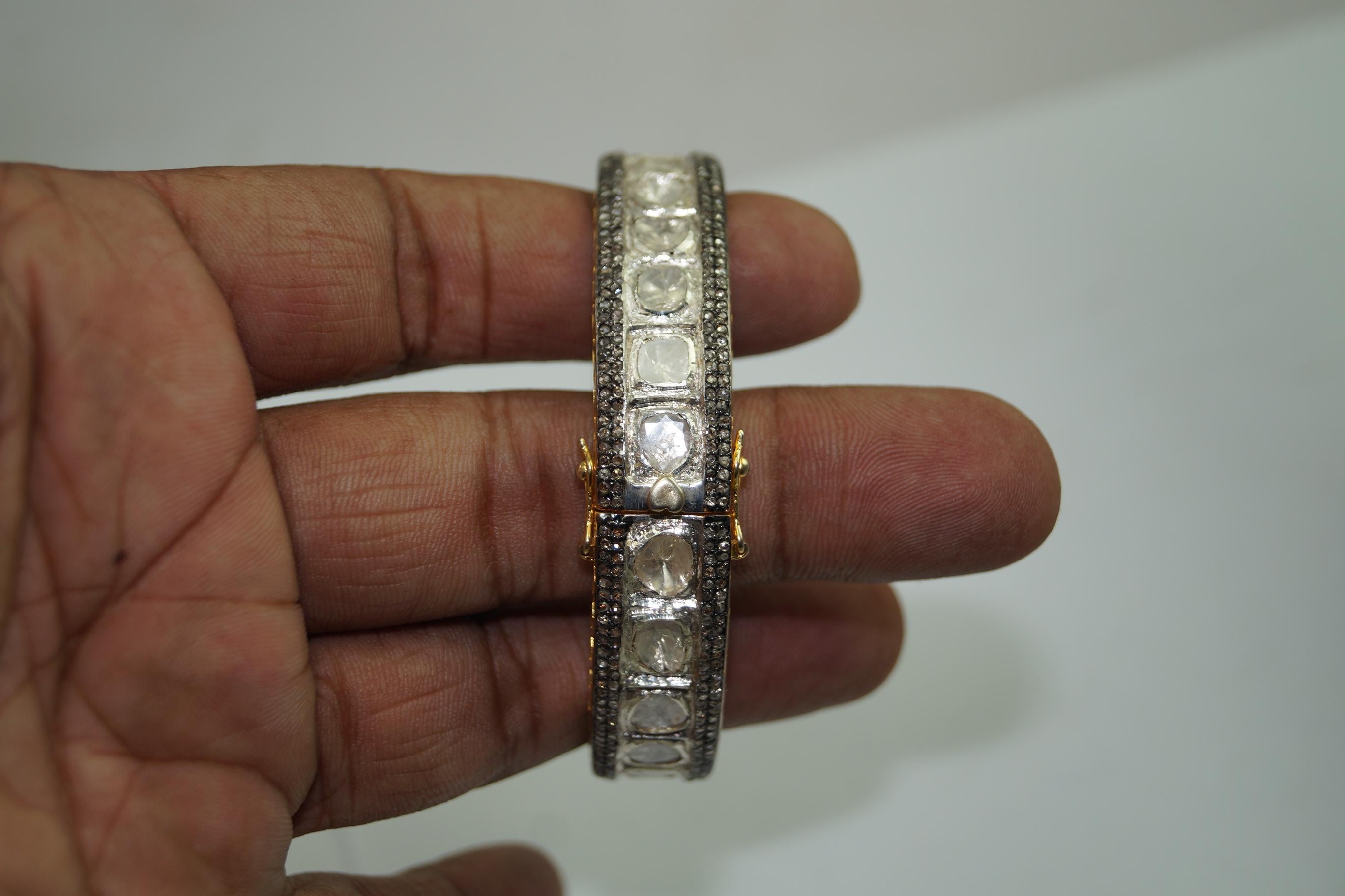 Classic Natural uncut rose cut Diamond sterling silver hinged bracelet  1