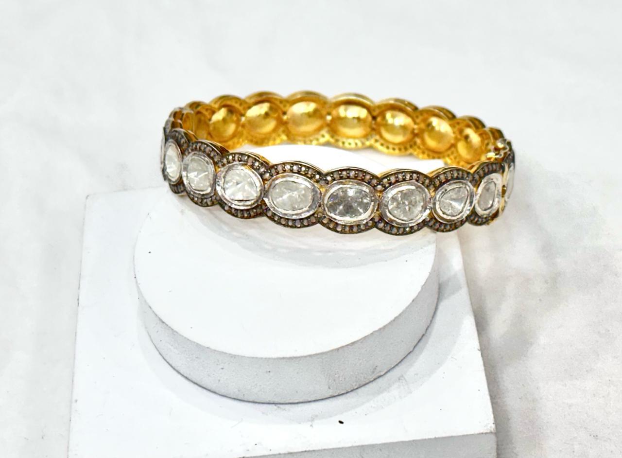 Classic Natural uncut rose cut Diamonds sterling silver bracelet  In New Condition For Sale In Delhi, DL