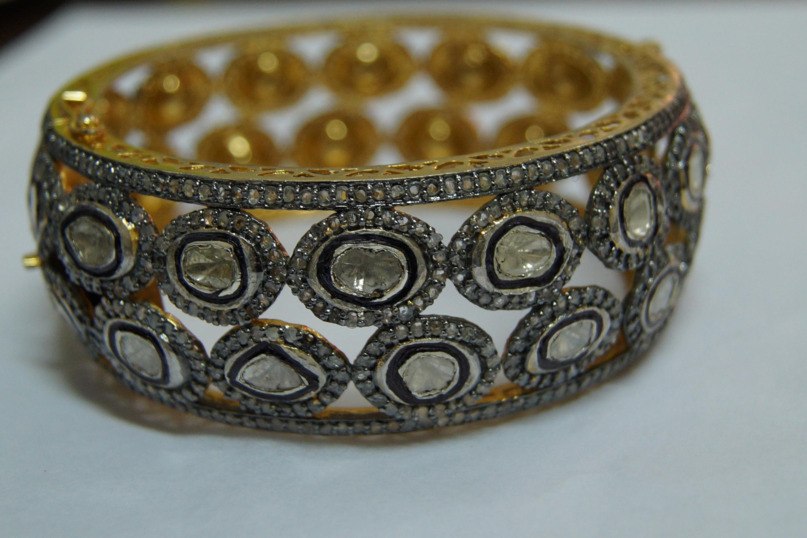Early Victorian Classic Natural uncut rose cut Diamonds sterling silver broad bracelet  For Sale