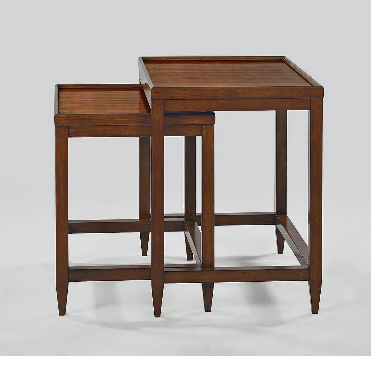 A Classic nest of tables, two rectangular nested side tables with a “rustic” warm brown walnut finish with subtle visual distressing and hand-rubbed finish.

Dimensions: 24