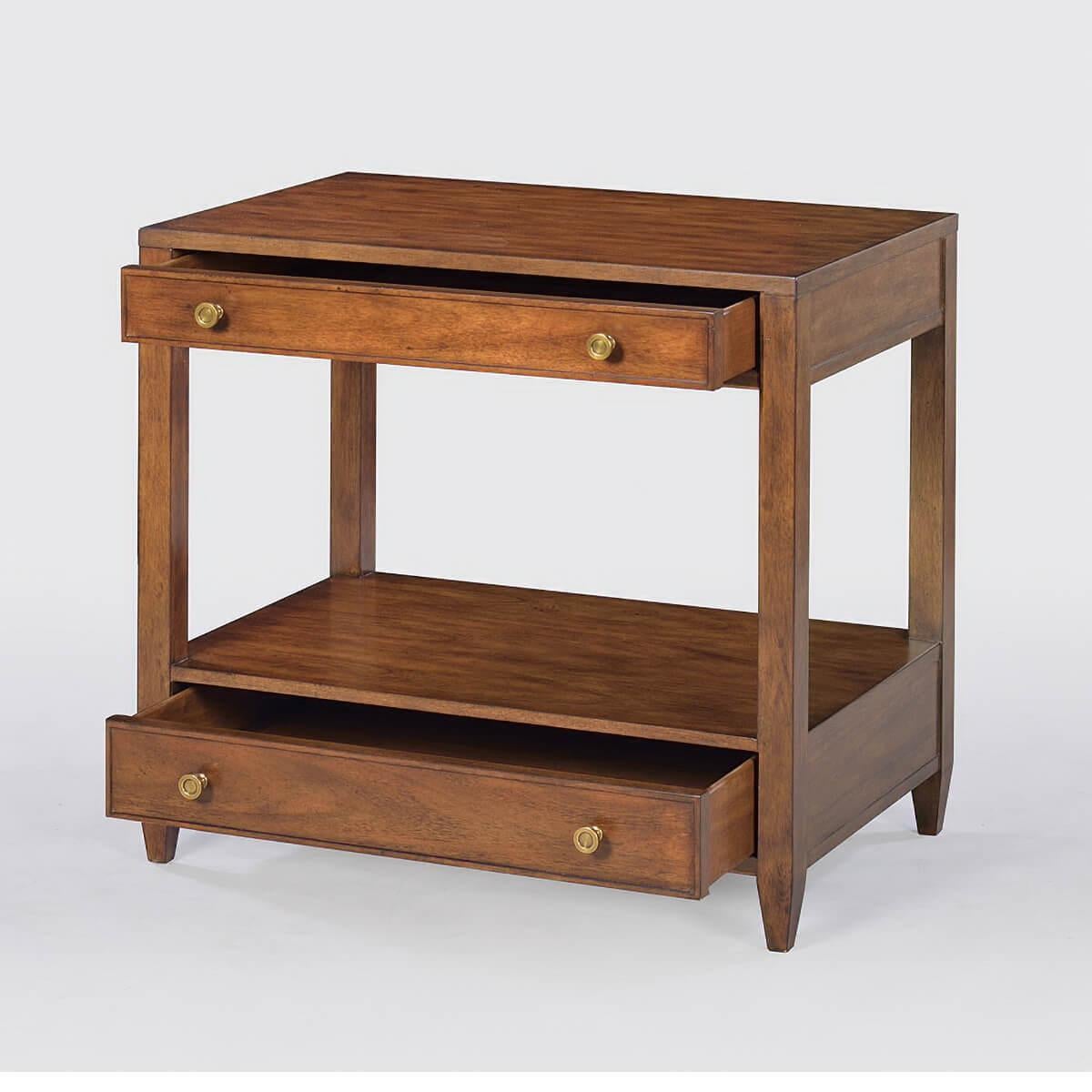 Classic nightstand - A wide rectangle side table with two drawers, brass hardware, and tapered feet, has a “rustic” warm walnut finish with subtle visual distressing and hand-rubbed finish.

Dimensions: 28