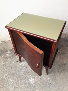 Classic Nightstand in Walnut Wood Polished and Back-Painted Green Mirror on Top