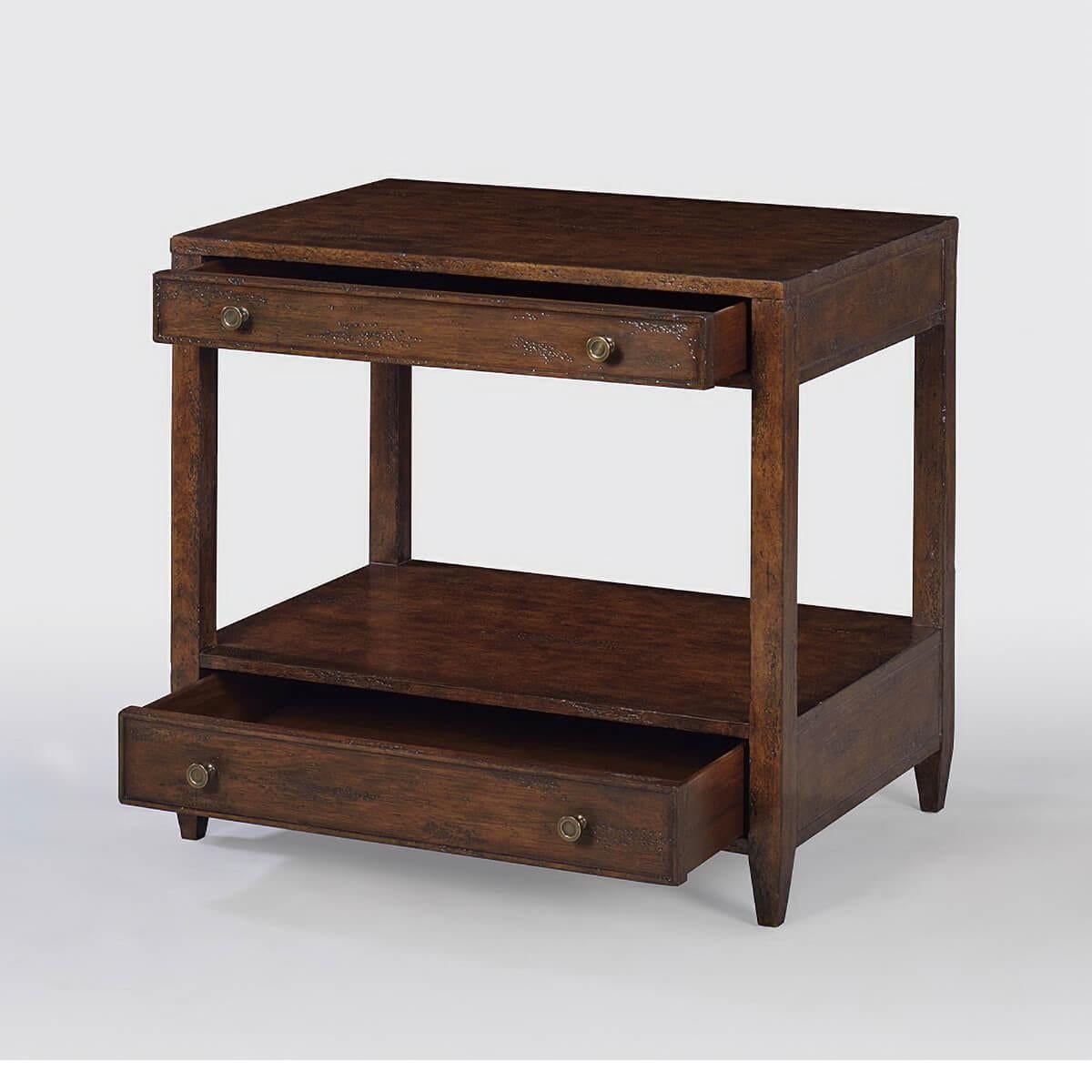 Classic nightstand - A wide rectangle side table with two drawers, brass hardware, and tapered feet, with a “country” dark mahogany tone with natural highlights, a hand-rubbed and distressed antiqued finish.

Dimensions: 28