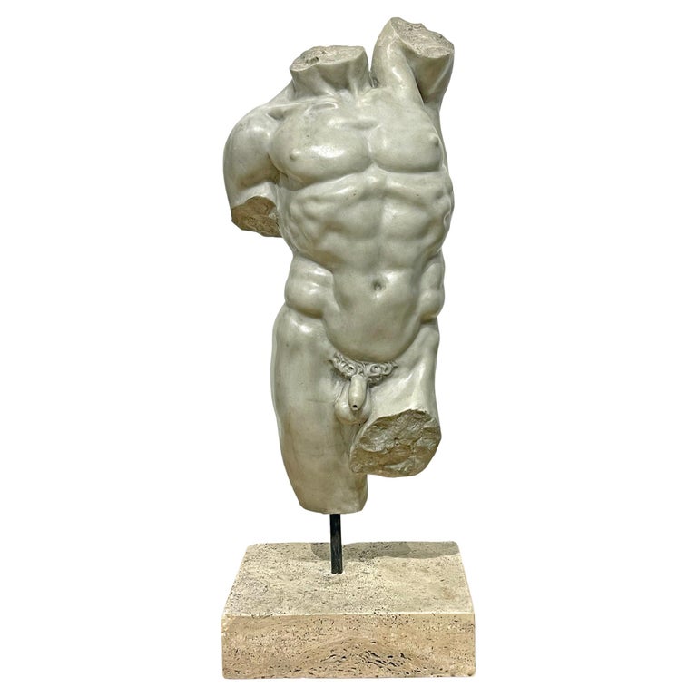 "Classic Nude Torso," Bravura Nude Male Figure in Pale Gray Marble