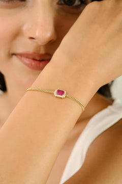 Bracciale classico a catena con rubino taglio ottagono e diamanti a raggiera in oro giallo 14k