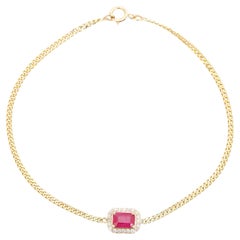 Bracciale classico a catena con rubino taglio ottagono e diamanti a raggiera in oro giallo 14k