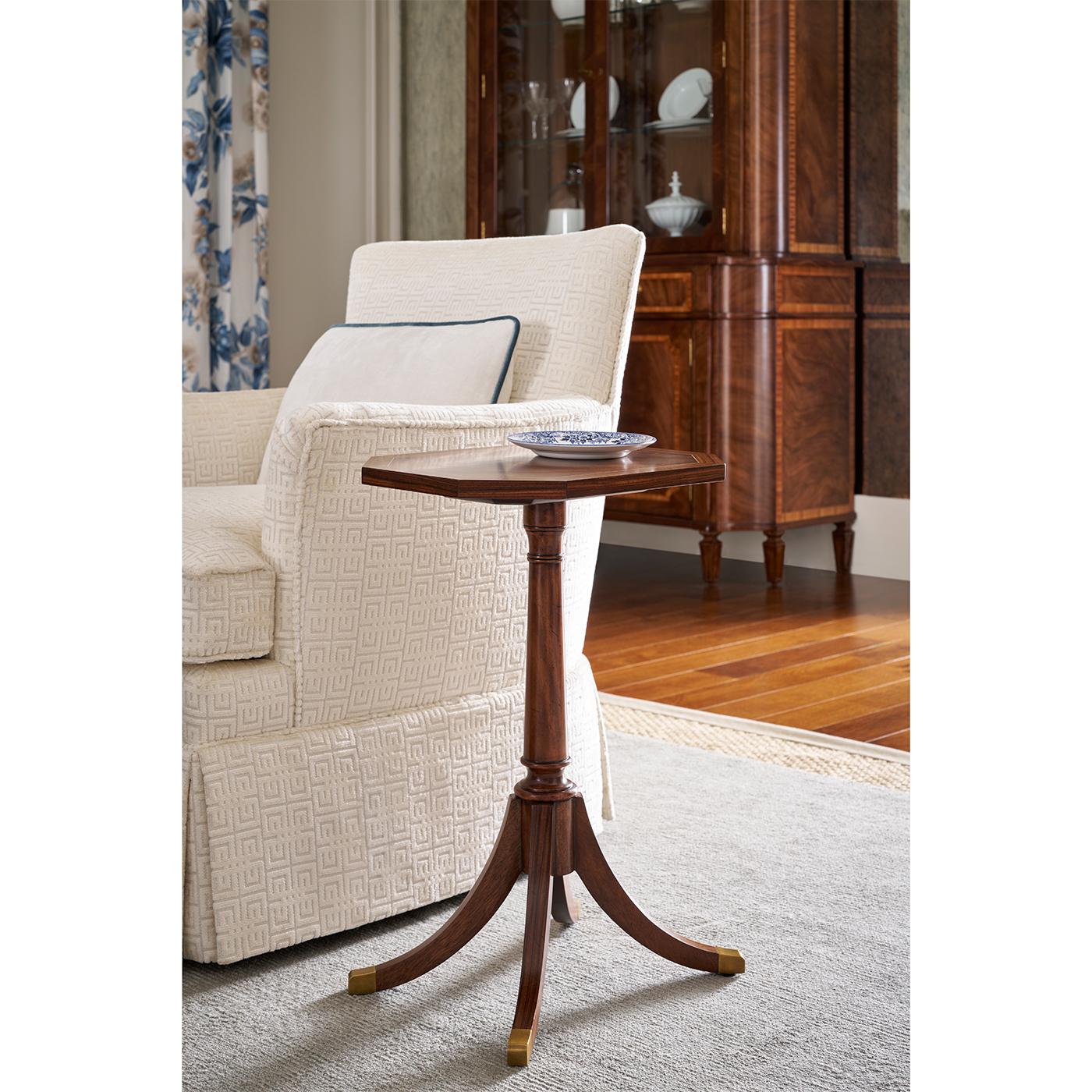 Bring refined Regency-era style into the modern home with its elegant proportions and luxurious craftsmanship. The octagonal top features a stunning figured crotch veneer with crossbanding detail that adds a sense of tailored refinement.

A turned