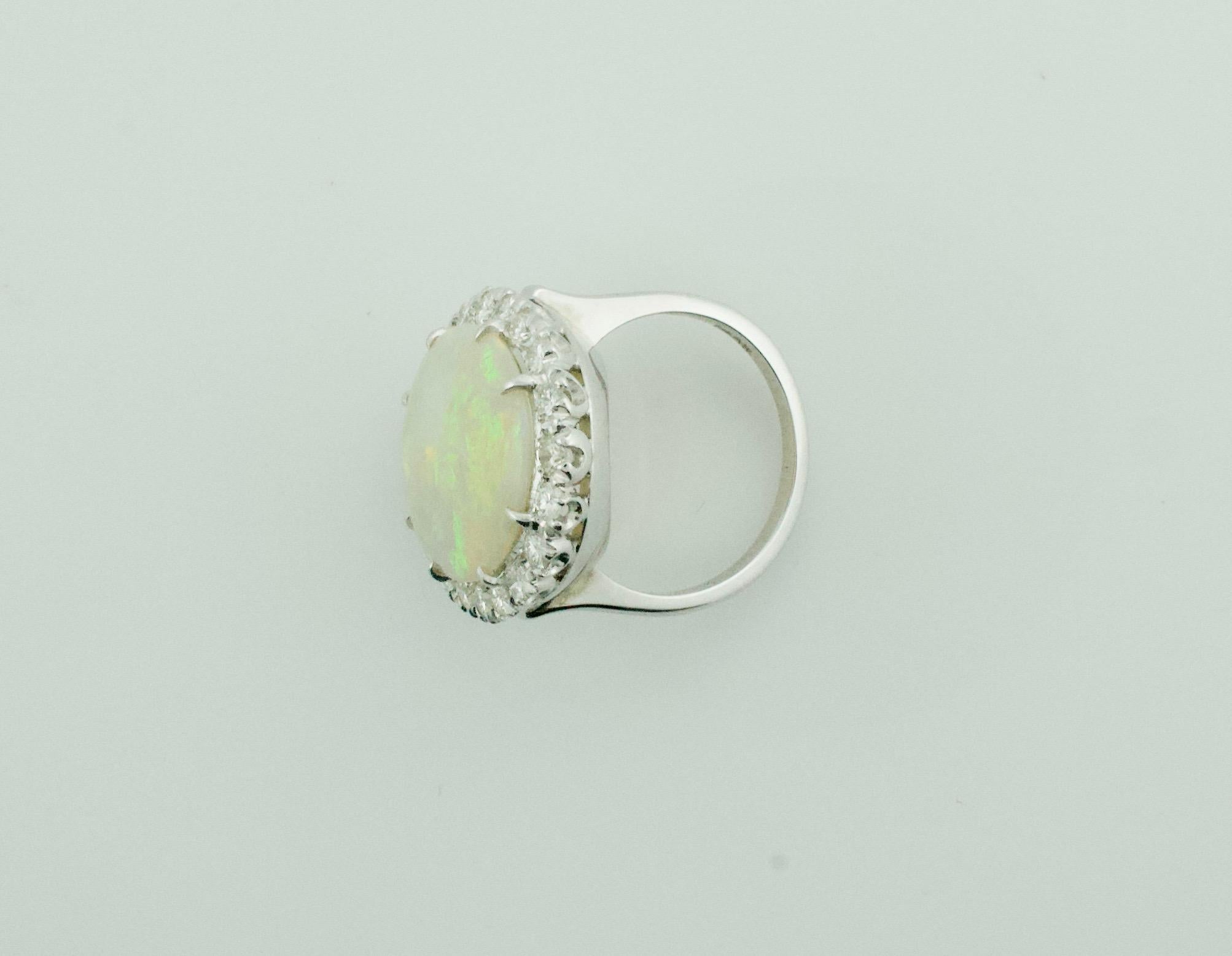 Classic Opal and Diamond Ring in White Gold, circa 1960's 1