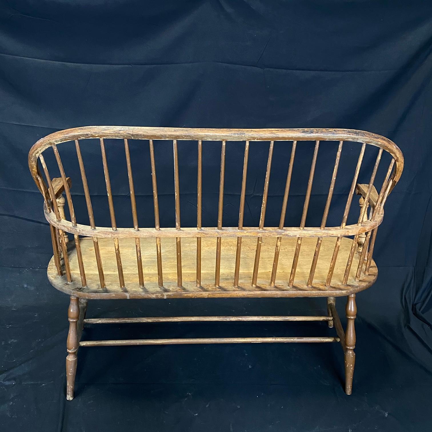 Classic Original Early Plank Seat Windsor Spindle Back Hoop Bench or Settee 1