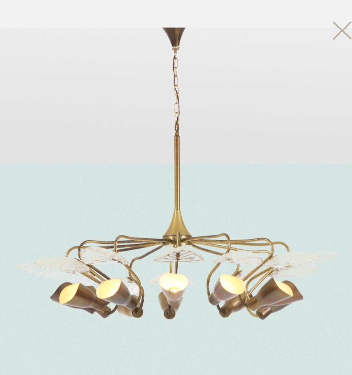 Mid-Century Modern Classic Orrefors Brass and Glass Chandelier , Duquesne Club, Sweden /Finland 