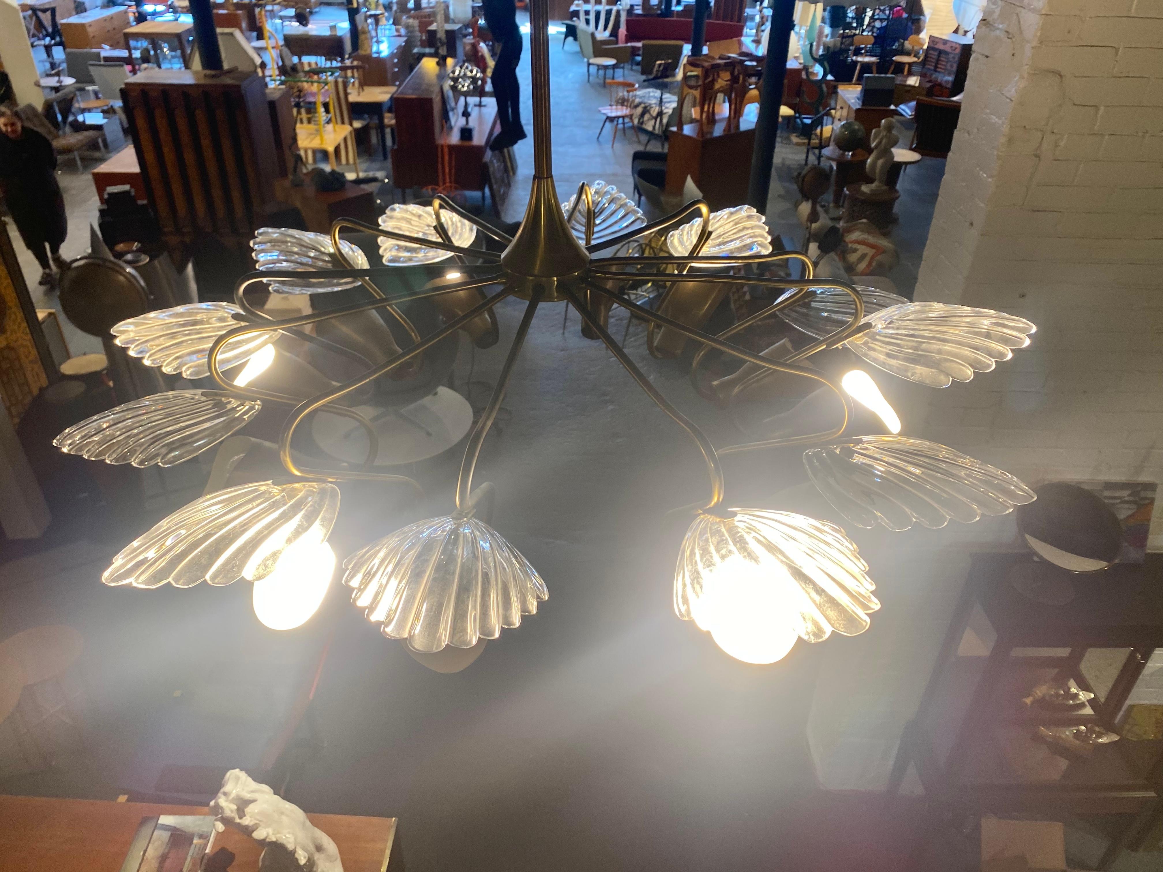 Mid-20th Century Classic Orrefors Brass and Glass Chandelier , Duquesne Club, Sweden /Finland 