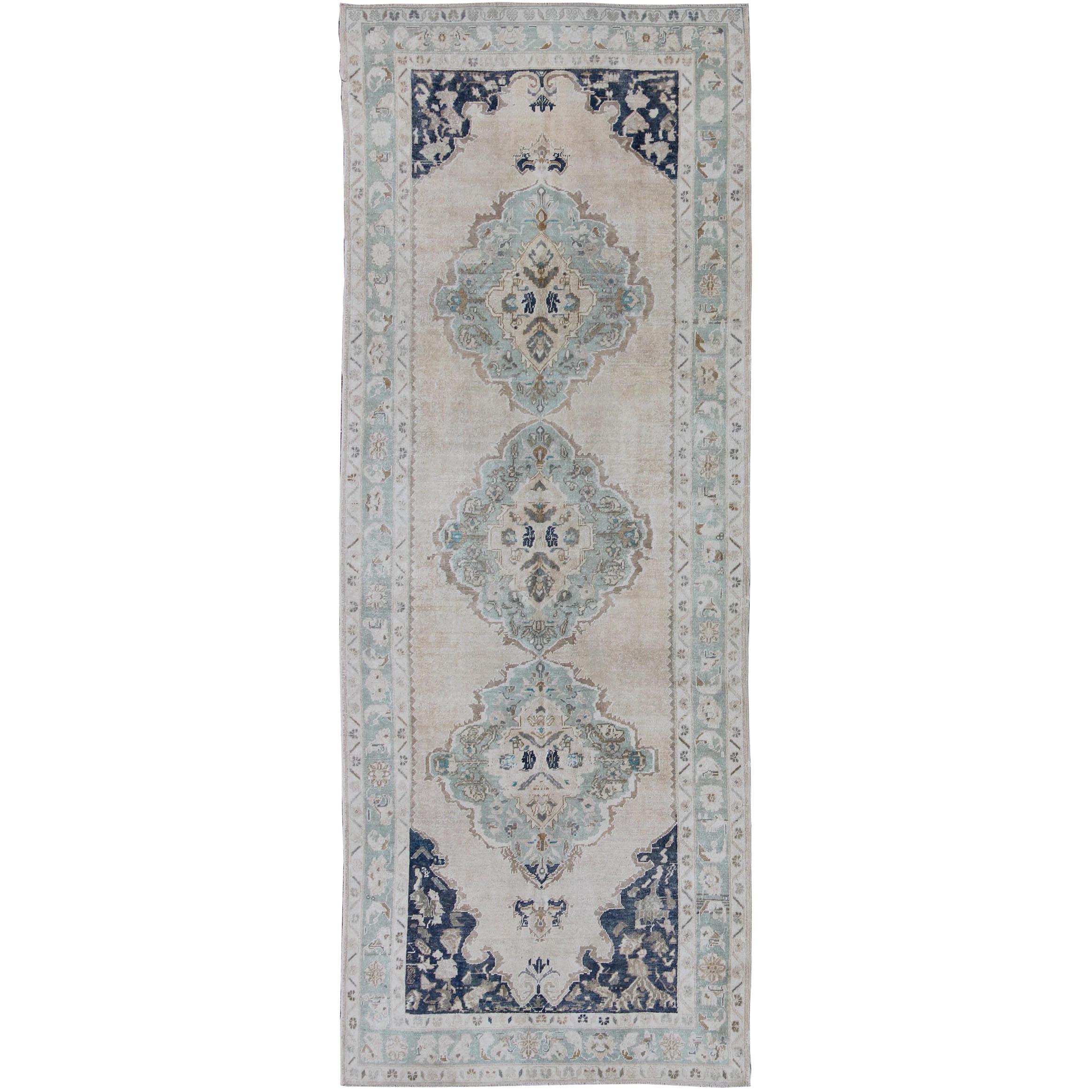 Classic Oushak Gallery Runner in Celedon Green, Navy Blue and Champagne Colors 