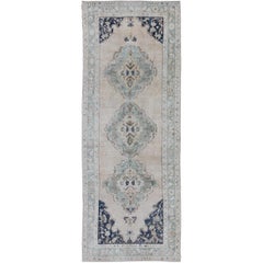 Classic Oushak Gallery Runner in Celedon Green, Navy Blue and Champagne Colors
