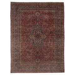 Antique Classic Oushak in Ancient Red Hues and Floral Throughout