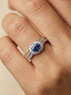 Classic Oval 14K (18K Custom) Blue Sapphire Diamond Halo Ring