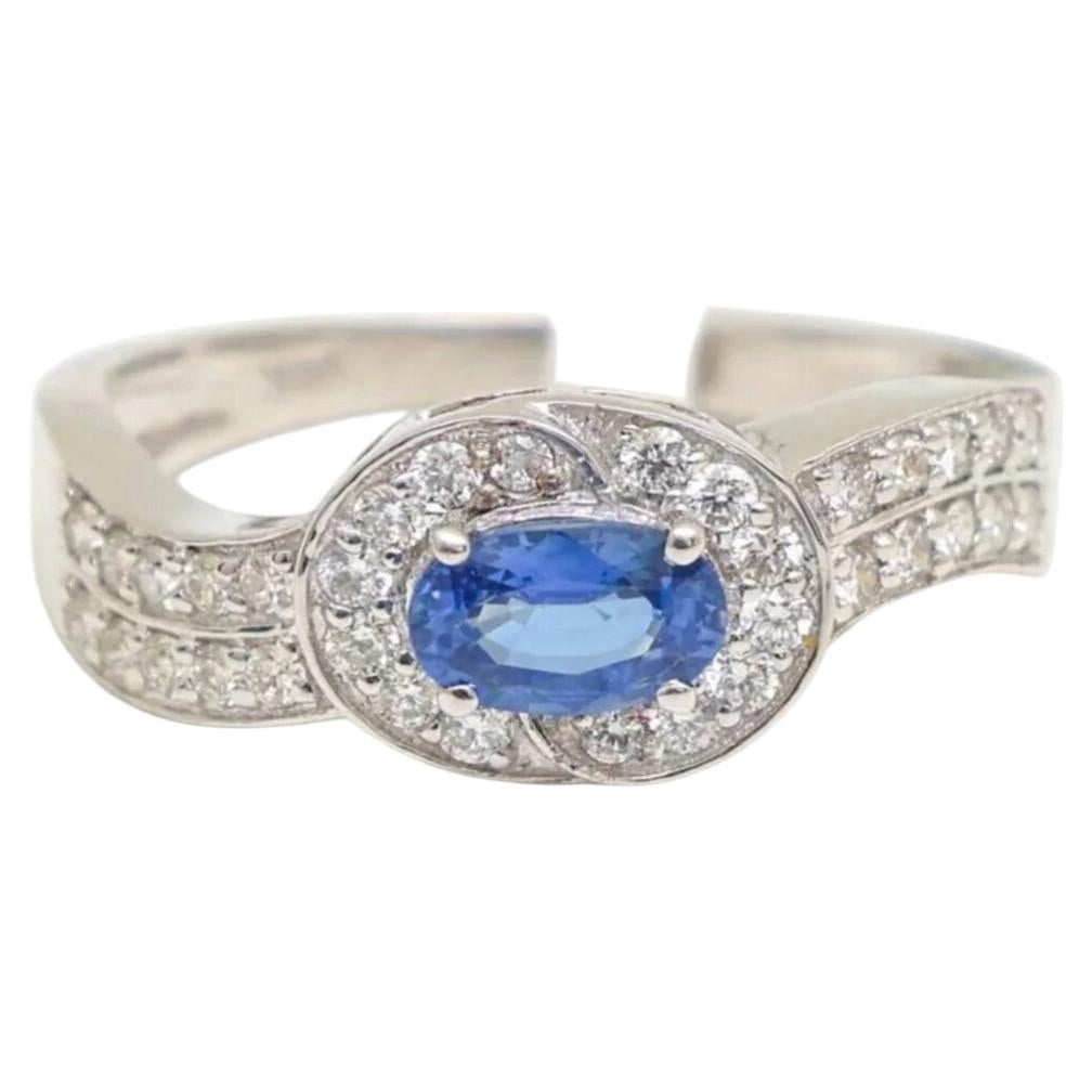0.66ct Oval Blue Sapphire & Diamond Halo 14K White Gold Ring