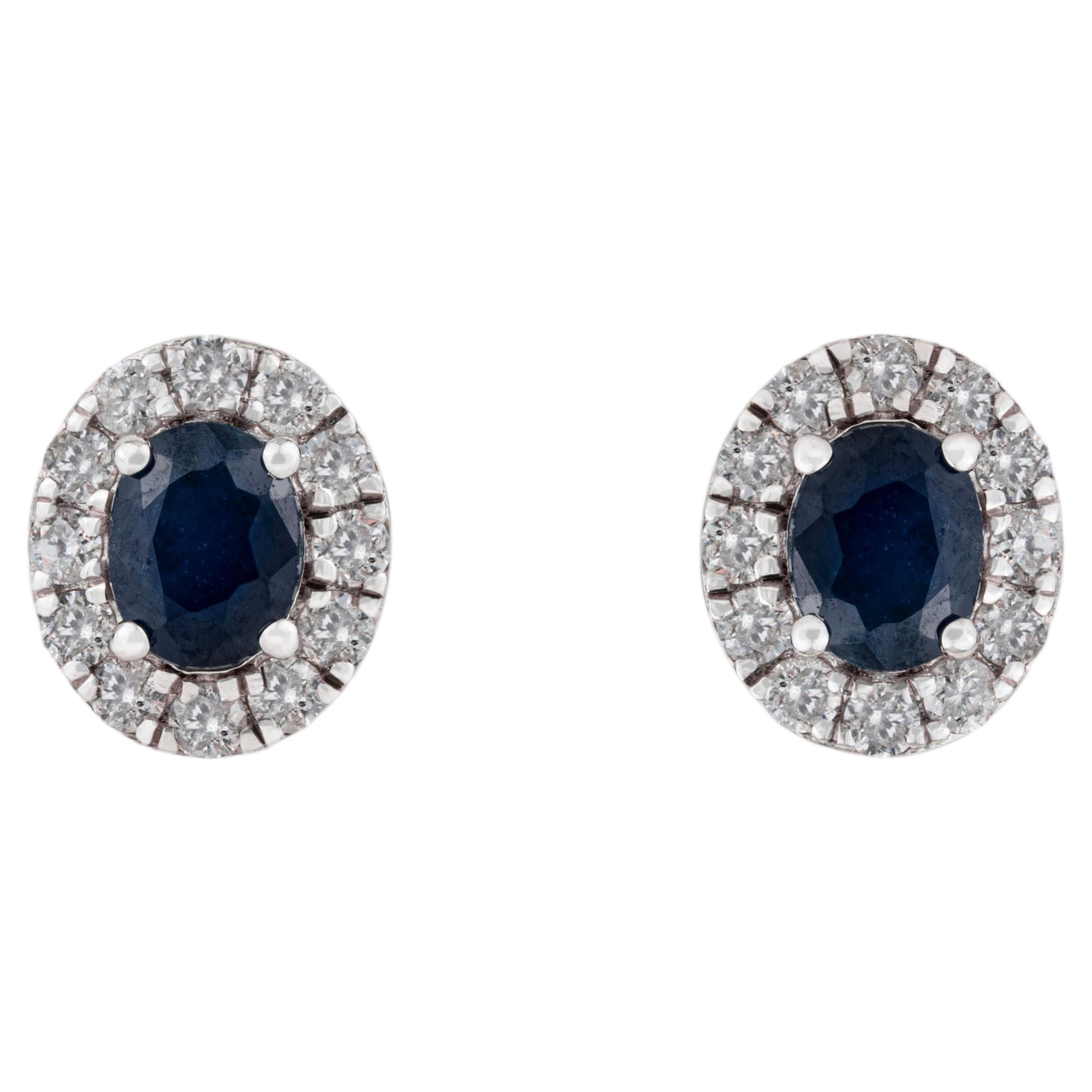 Classic Oval Blue Sapphire & Diamond Halo Stud Earrings in 14K Solid White Gold
