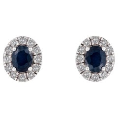 Classic Oval Blue Sapphire & Diamond Halo Stud Earrings in 14K Solid White Gold