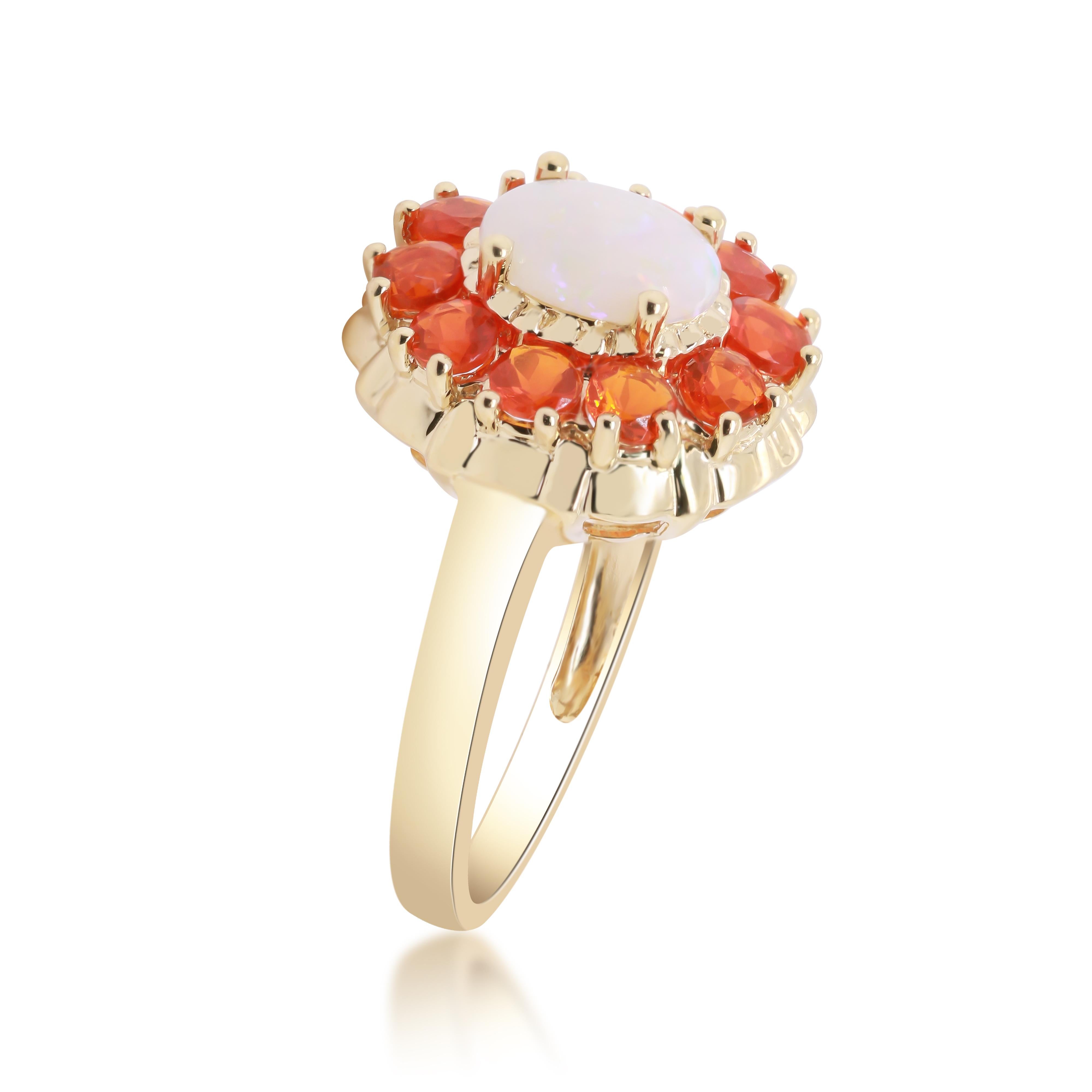Art Deco Classic Oval-Cab Australian Opal with Fire Opal 14k Yellow Gold Cocktail Ring For Sale