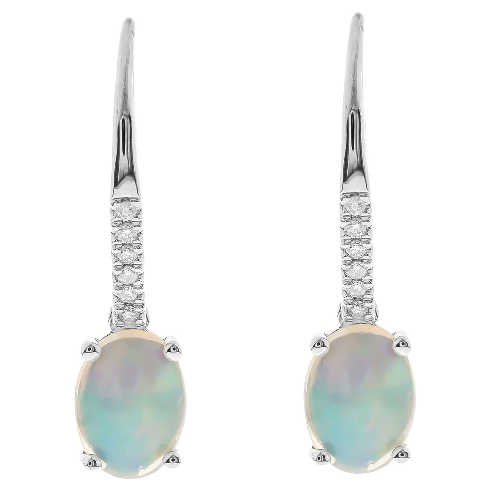 Classic Oval-Cab Ethiopian Opal 10k White Gold Diamond Accents Hoop Earring