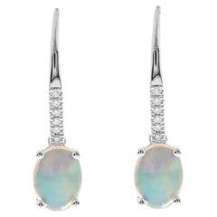 Classic Oval-Cab Ethiopian Opal 10k White Gold Diamond Accents Hoop Earring