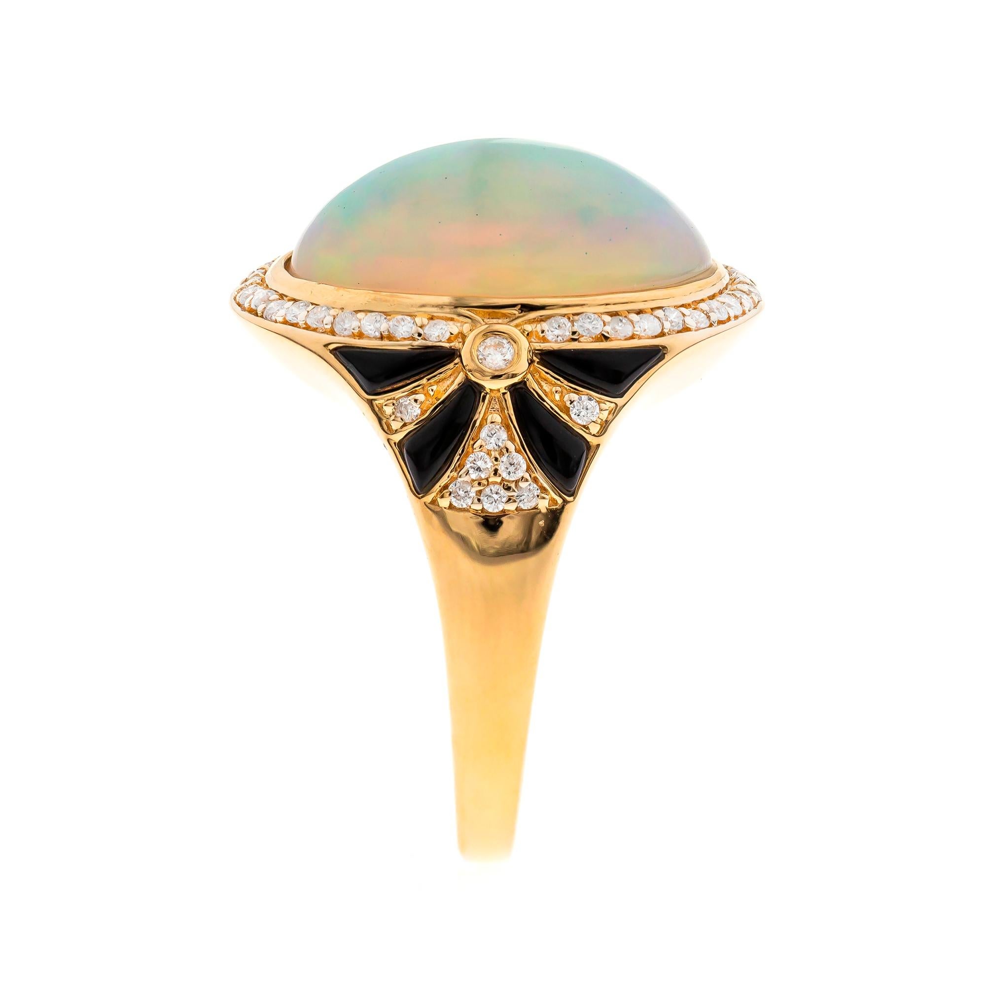 Stunning, timeless and classy eternity Unique Ring. Decorate yourself in luxury with this Gin & Grace Ring. The 14K Yellow Gold jewelry boasts with Oval-Cab Ethiopian Opal 1 pcs 5.40 carat, Onyx (8pcs) 0.39 carat, Natural Round-cut white Diamond (58