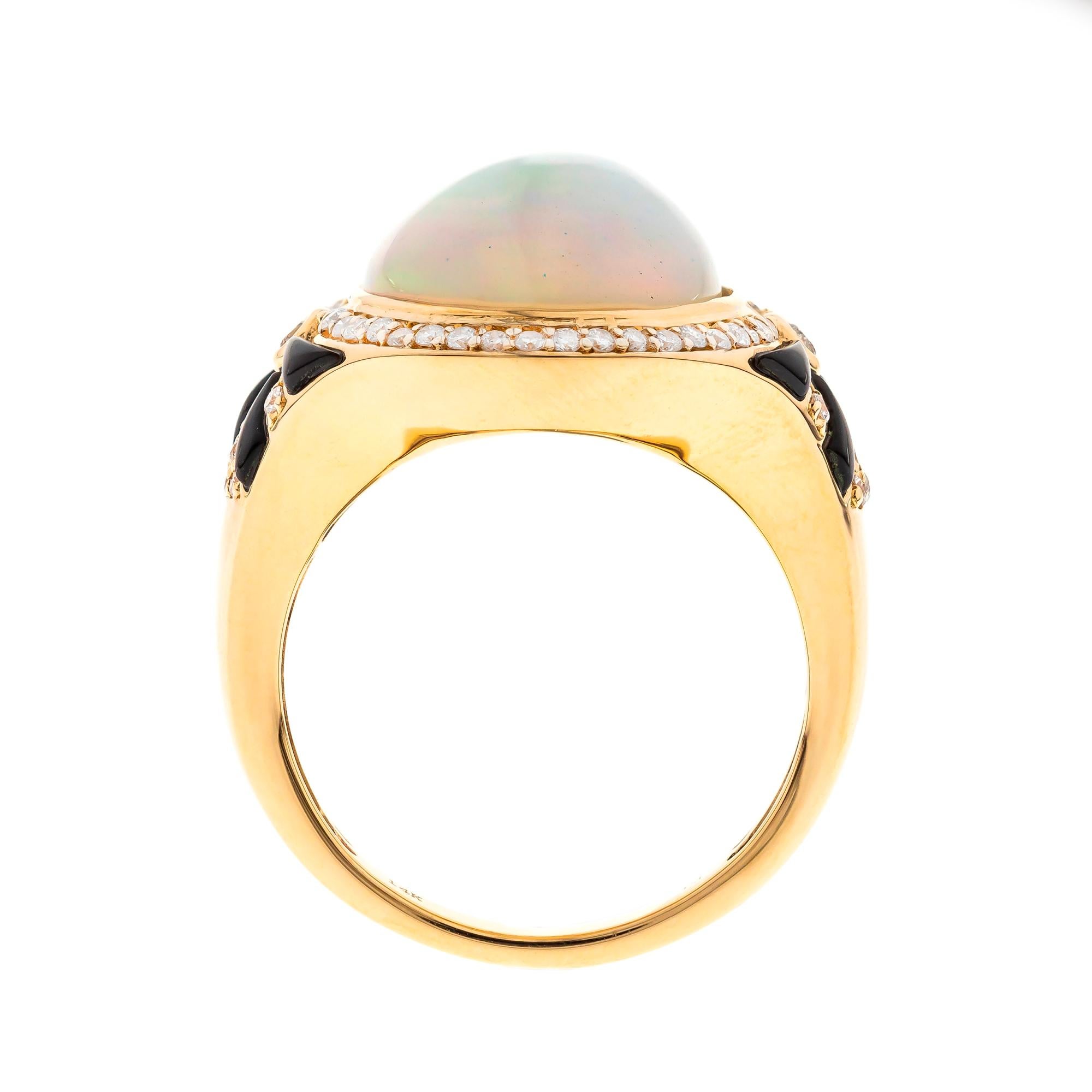 Art Deco Classic Oval-Cab Ethiopian Opal Accented with White Diamond 14k Yellow Gold Ring For Sale