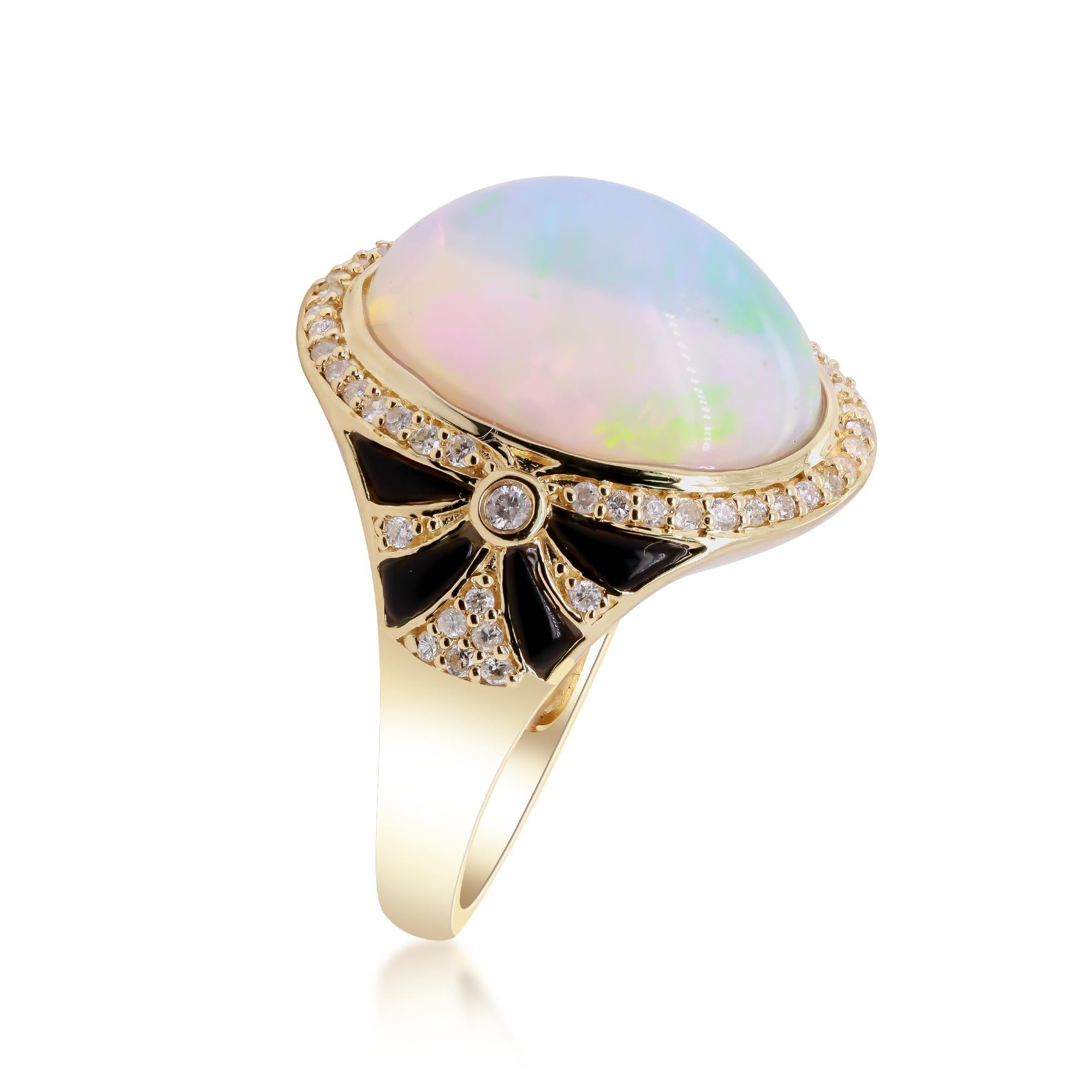 Oval Cut Classic Oval-Cab Ethiopian Opal Accented with White Diamond 14k Yellow Gold Ring For Sale