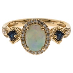 Classic Oval Cab Ethiopian Opal, Blue Sapphire and Diamond 14K Yellow Gold Ring