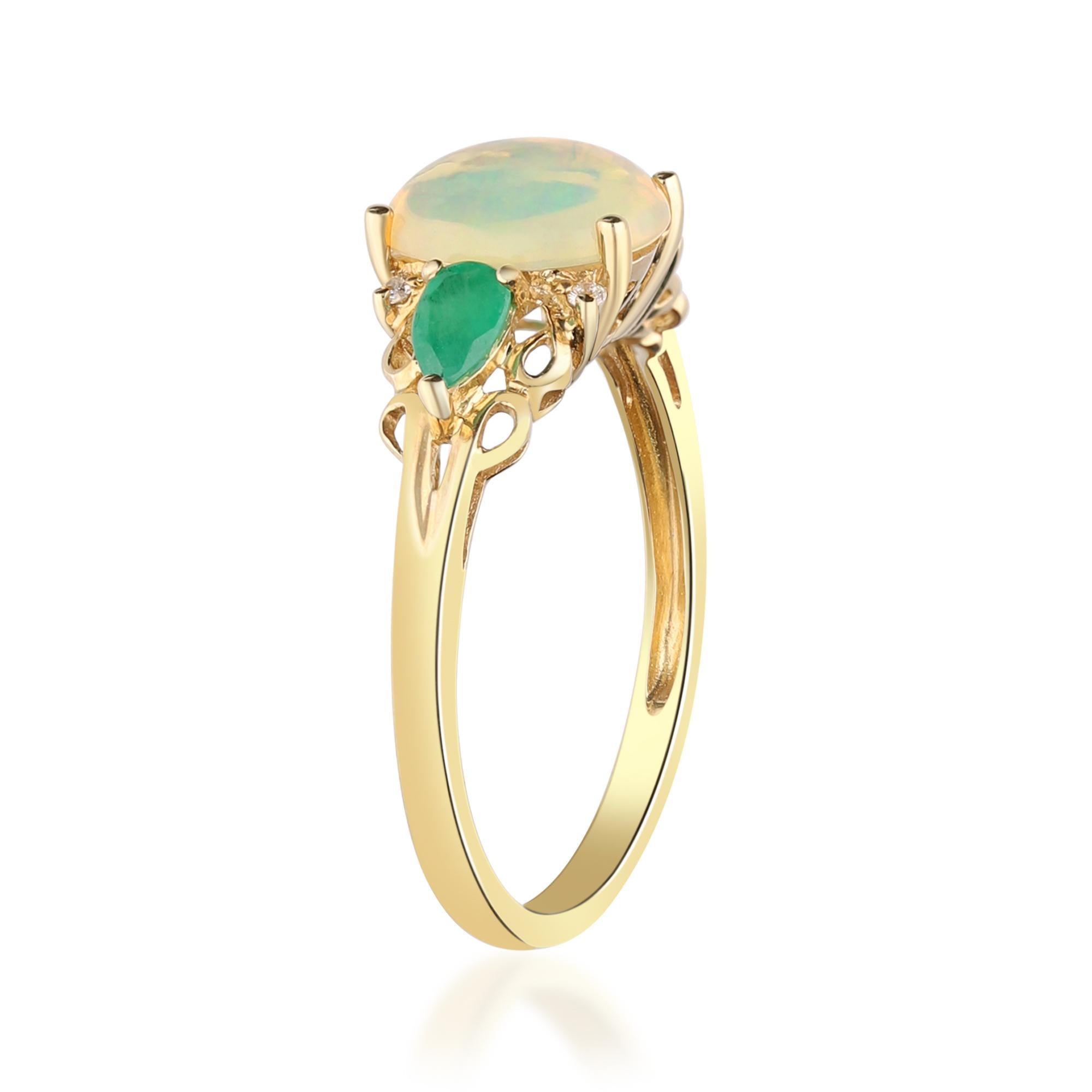 Art Deco Classic Oval Cab Ethiopian Opal, Emerald and Diamond 10K Yellow Gold Ring For Sale