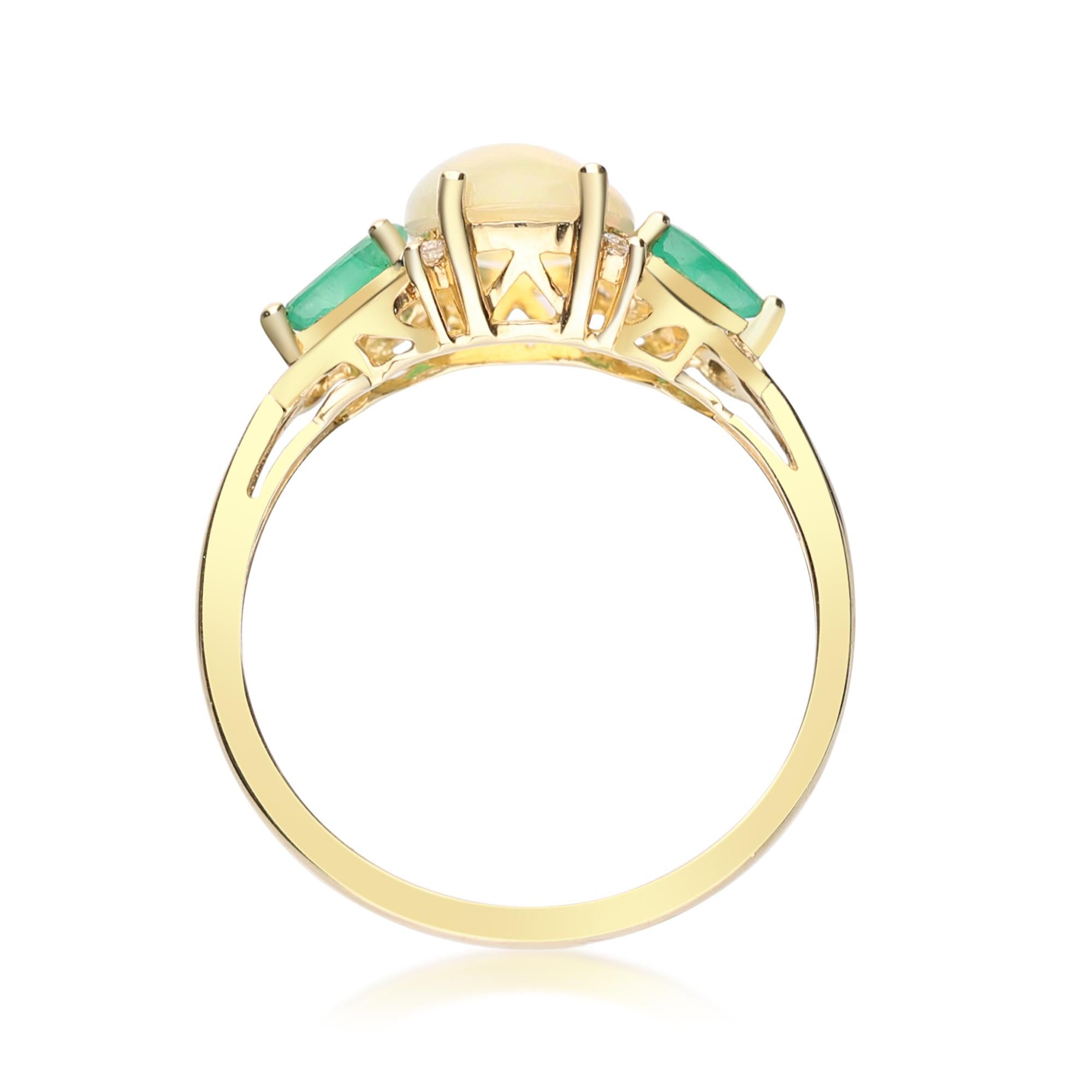 Klassischer Oval Cab Äthiopischer Opal, Smaragd und Diamant 10K Gelbgold Ring (Ovalschliff) im Angebot