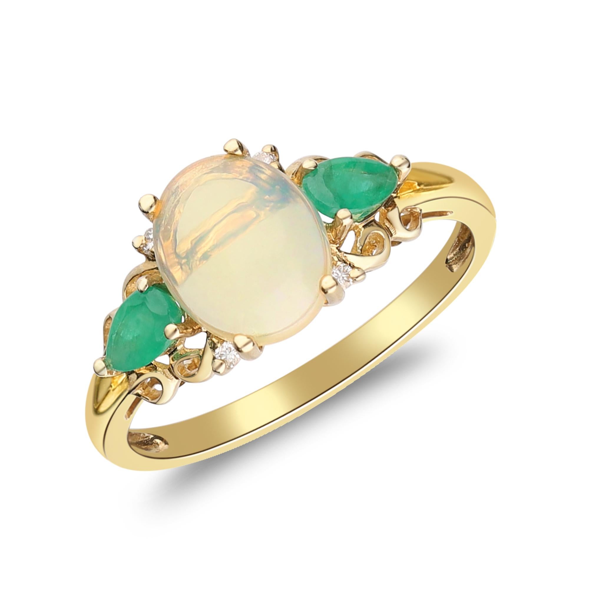 Classic Oval Cab Ethiopian Opal, Emerald and Diamond 10K Yellow Gold Ring In New Condition For Sale In New York, NY