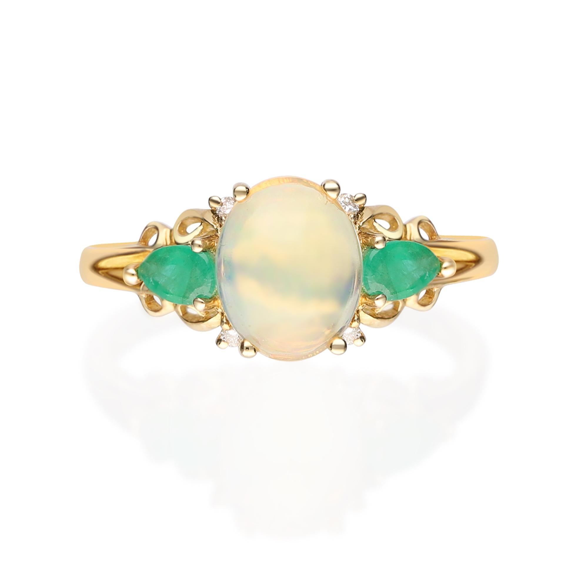 Women's Classic Oval Cab Ethiopian Opal, Emerald and Diamond 10K Yellow Gold Ring For Sale