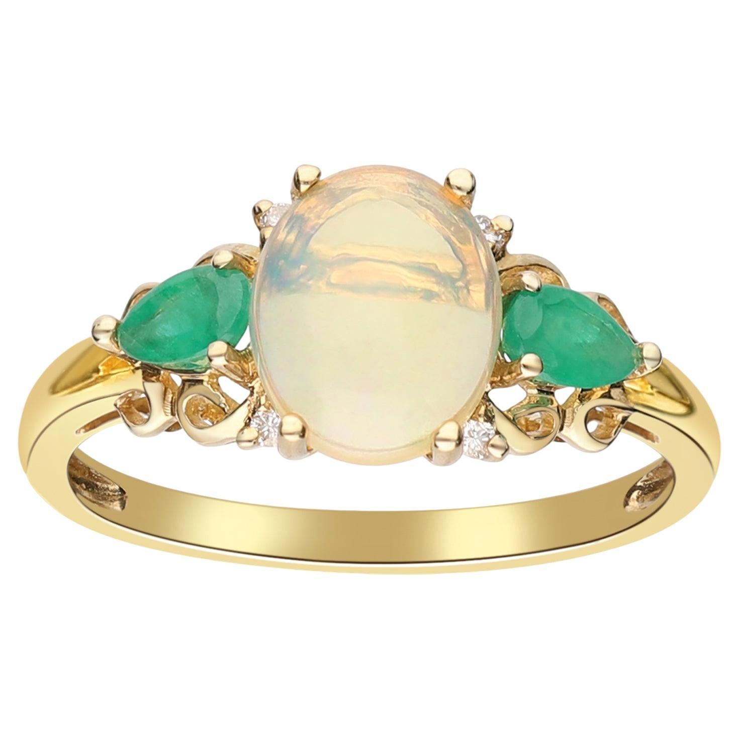Classic Oval Cab Ethiopian Opal, Emerald and Diamond 10K Yellow Gold Ring For Sale