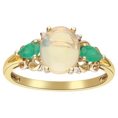 Vintage Classic Oval Cab Ethiopian Opal, Emerald and Diamond 10K Yellow Gold Ring