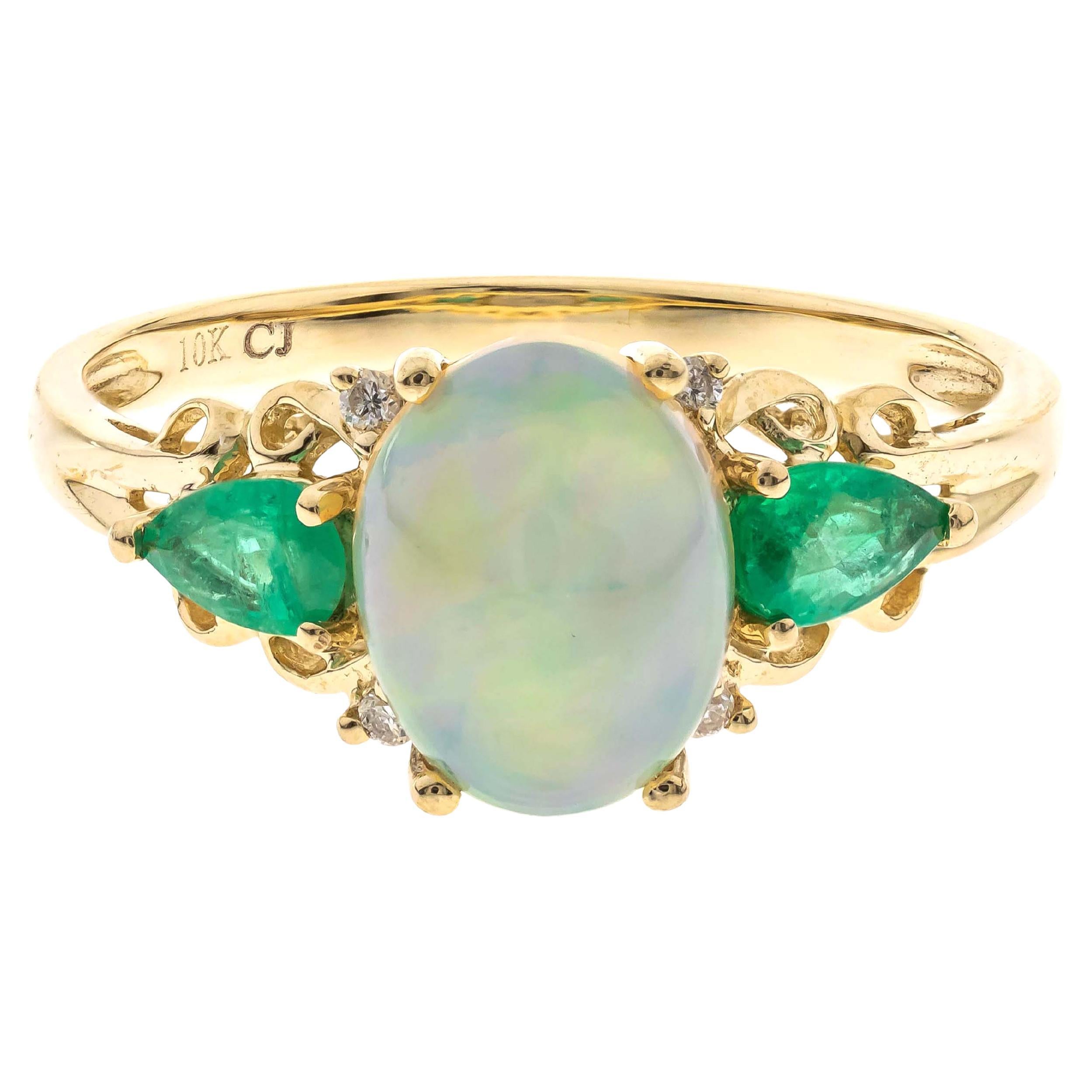 Classic Oval Cab Ethiopian Opal, Emerald and Diamond 10K Yellow Gold Ring