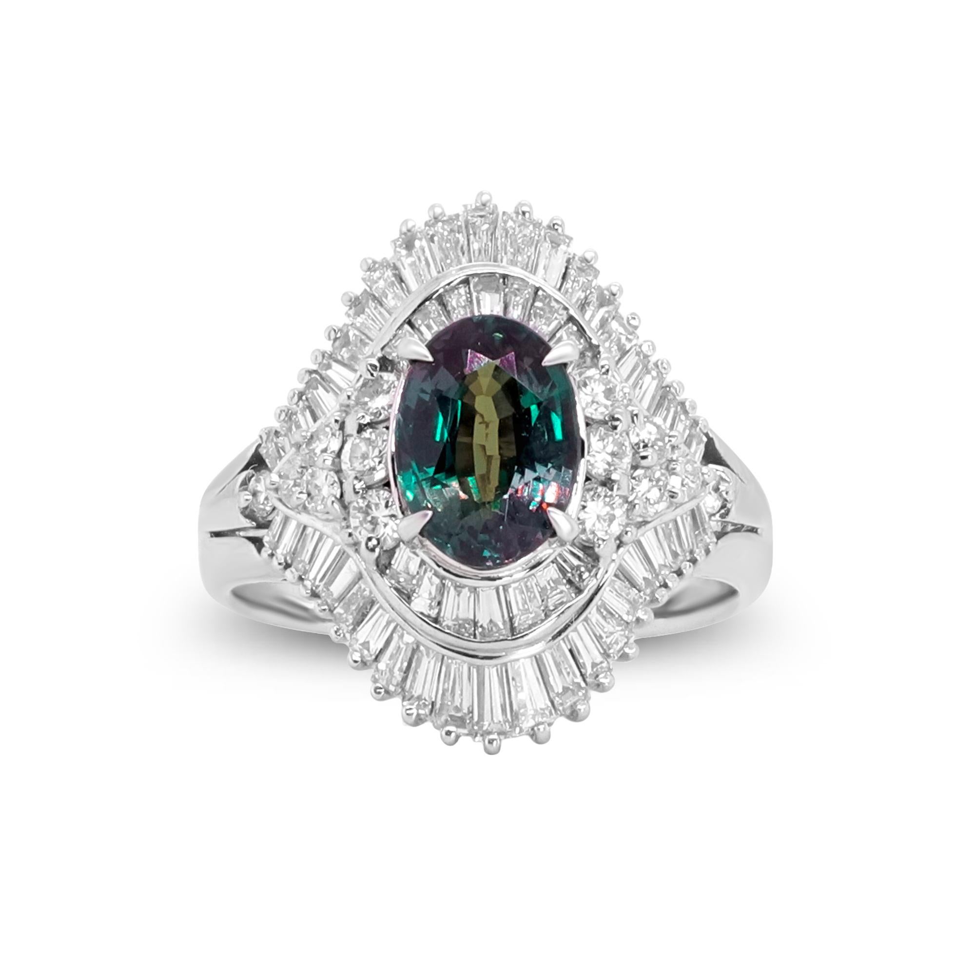 Stunning, timeless and classy eternity Unique Ring. Decorate yourself in luxury with this Gin & Grace Ring. The Platinum 900 jewelry boasts with Oval-cut (1 pcs) 1.66 carat Alexandrite and Natural white Diamond 1.35 Carat accent stones for a lovely