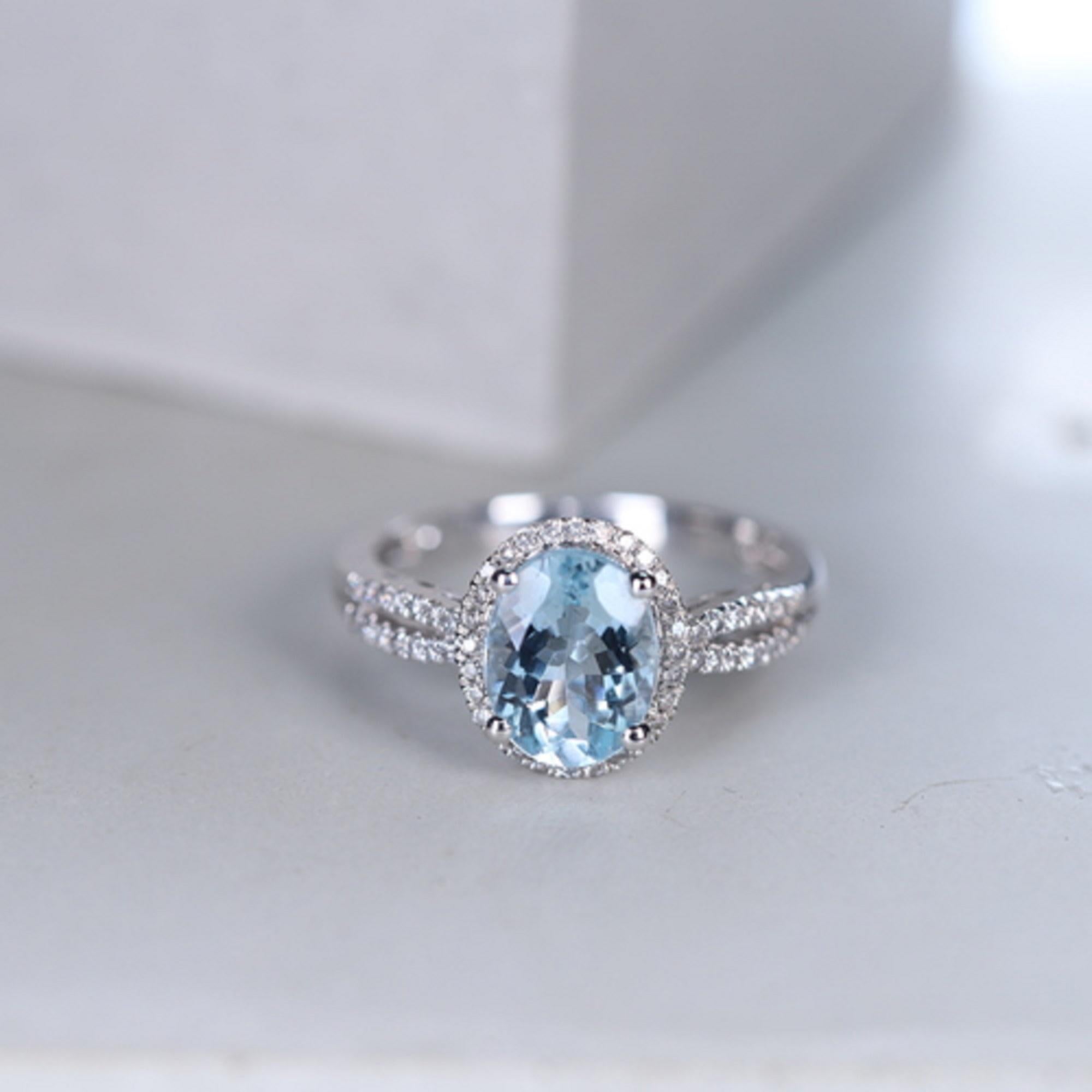 Stunning, timeless and classy eternity Unique Ring. Decorate yourself in luxury with this Gin & Grace Ring. The 14k White Gold jewelry boasts Oval cut Prong Setting Genuine Aquamarine (1 pcs) 1.65 Carat, along with Natural Round cut white Diamond