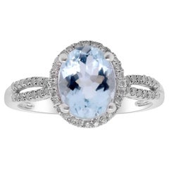 Classic Oval Cut Aquamarine and Round Cut White Diamond 14K White Gold Ring