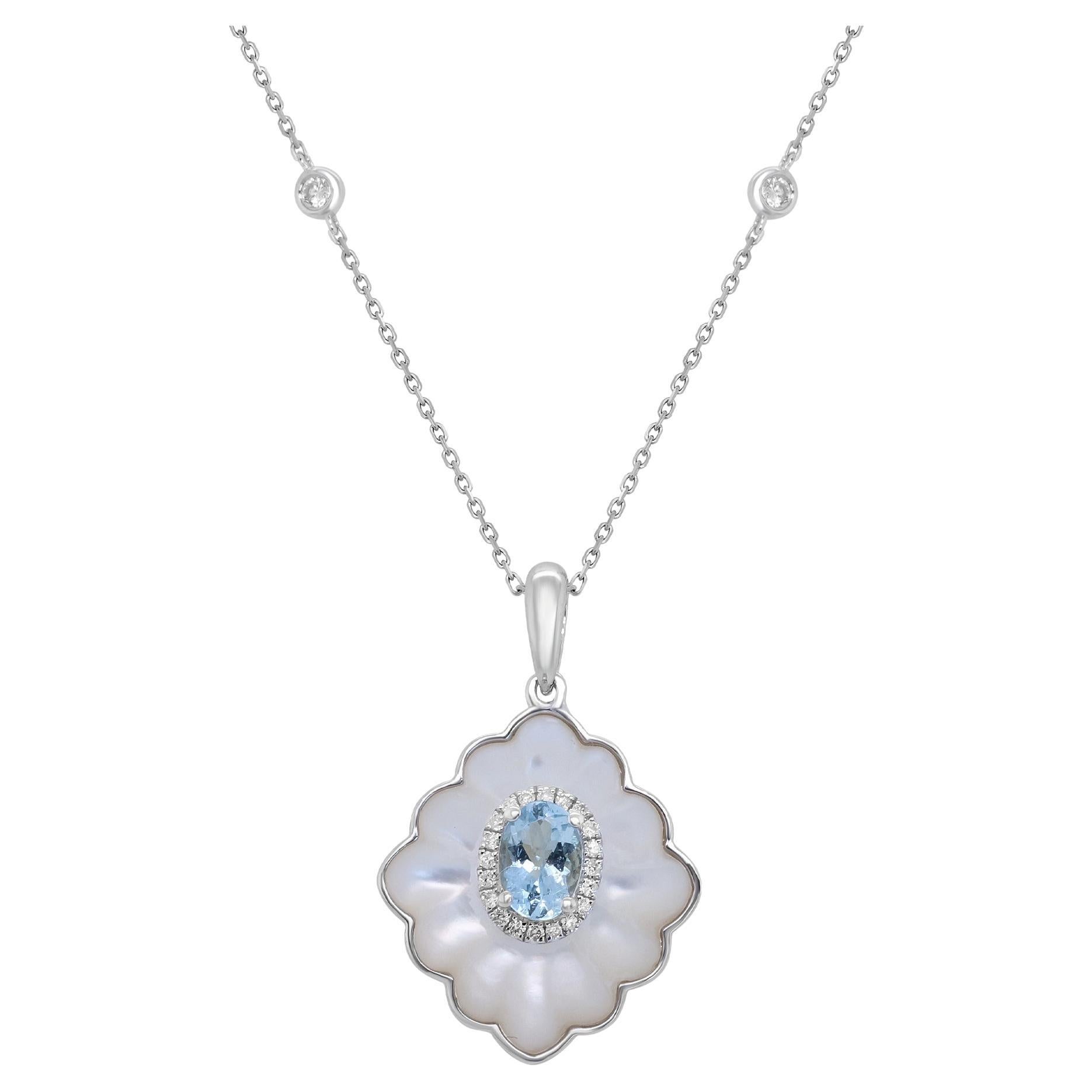 Classic Oval-Cut Aquamarine, Mother of Pearl with Diamond 14k White Gold Pendant For Sale