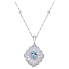 Vintage Classic Oval-Cut Aquamarine, Mother of Pearl with Diamond 14k White Gold Pendant